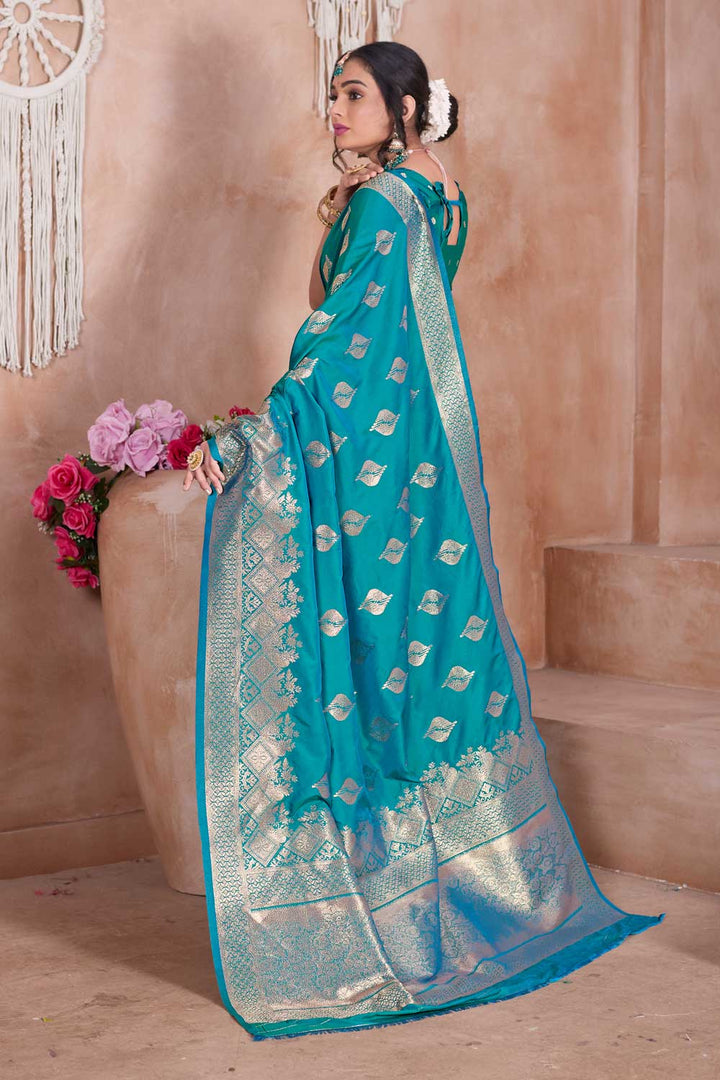 Dazzling Cyan Color Weaving Banarasi Jari Silk Saree | Buy Online India