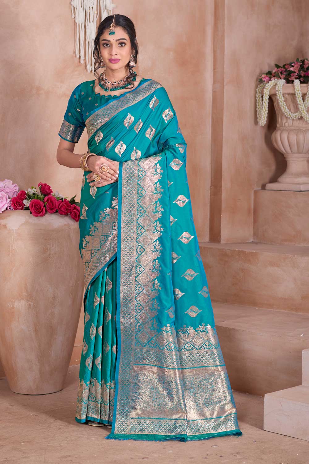 Dazzling Cyan Color Weaving Banarasi Jari Silk Saree | Buy Online India