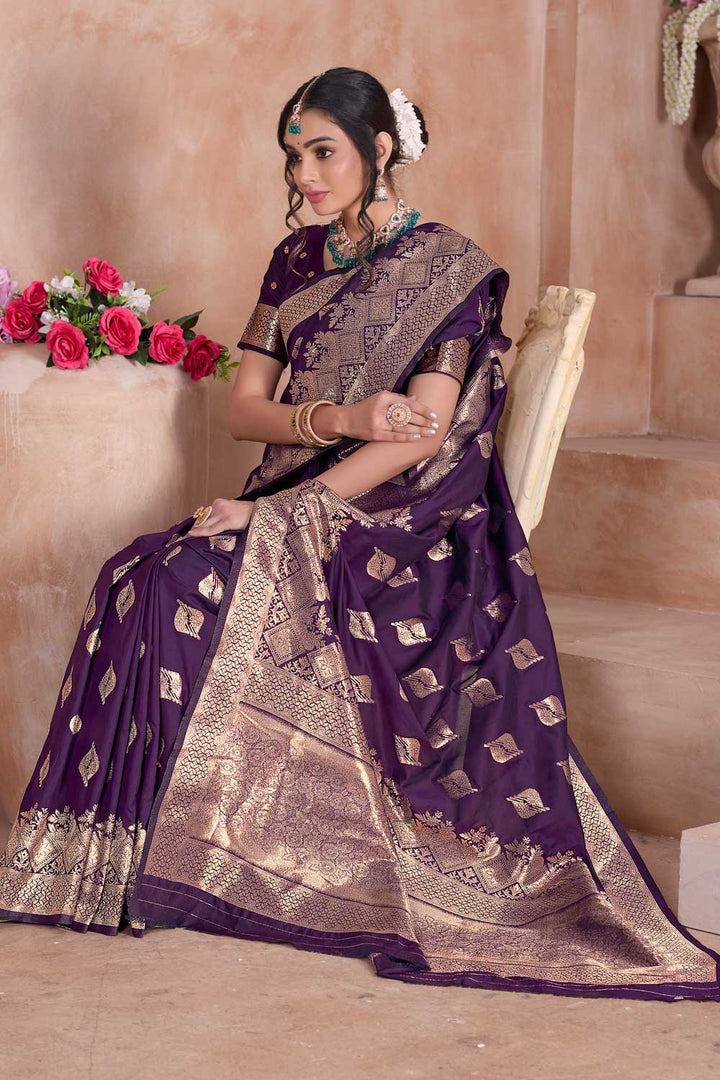 Radiant Wine Color Weaving Banarasi Jari Silk Saree | Buy Online India