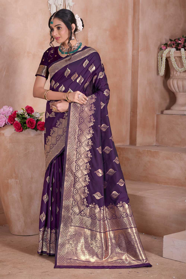 Radiant Wine Color Weaving Banarasi Jari Silk Saree | Buy Online India