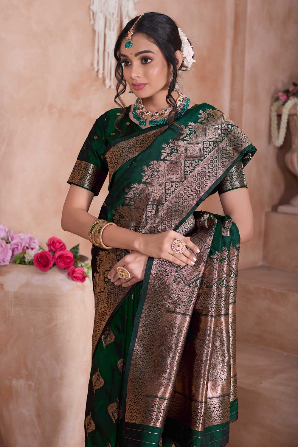 Excellent Dark Green Color Weaving Banarasi Jari Silk Saree | Buy Online India