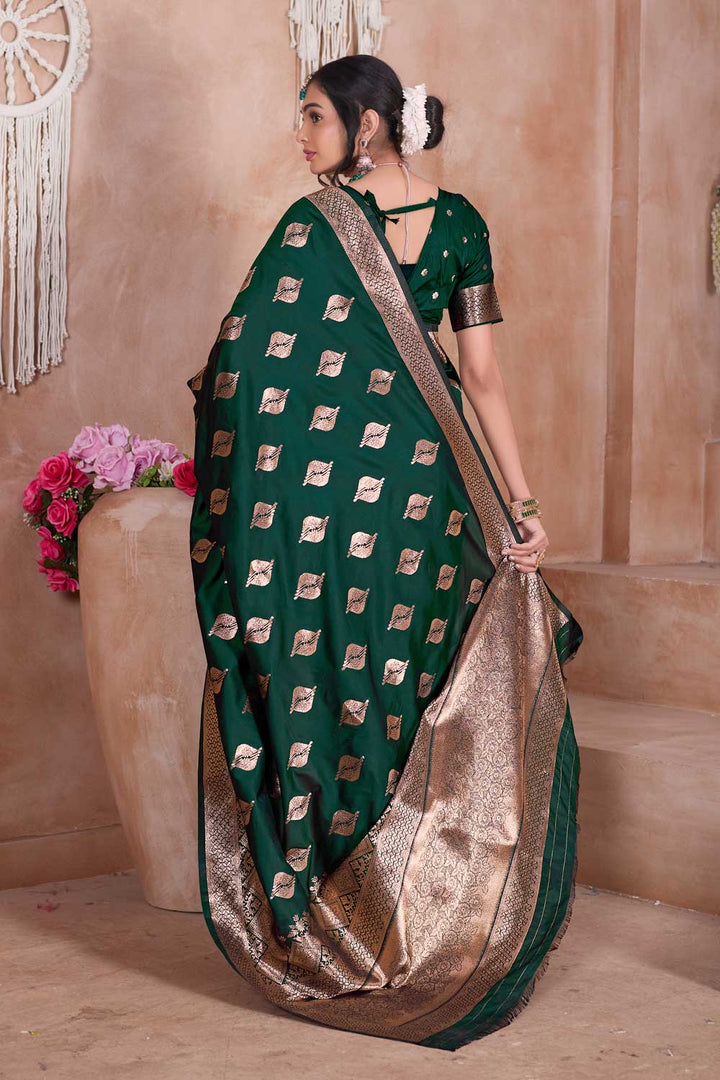 Excellent Dark Green Color Weaving Banarasi Jari Silk Saree | Buy Online India