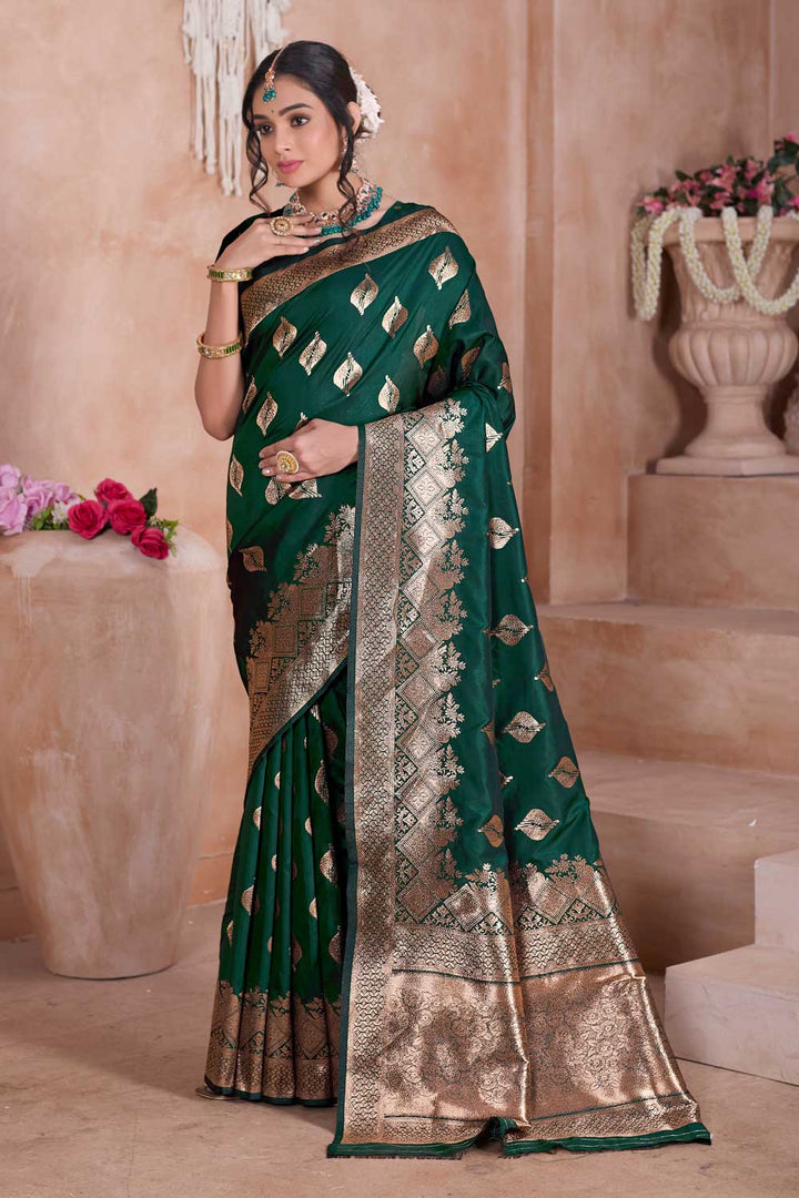 Excellent Dark Green Color Weaving Banarasi Jari Silk Saree | Buy Online India