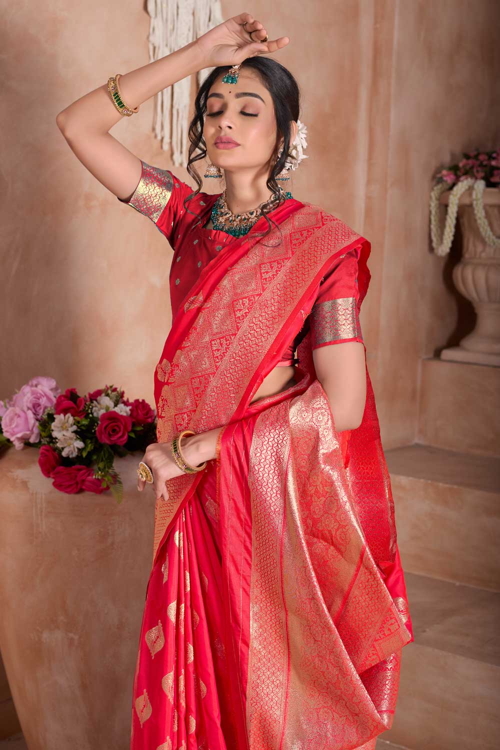 Beguiling Red Color Weaving Banarasi Jari Silk Saree | Buy Online India