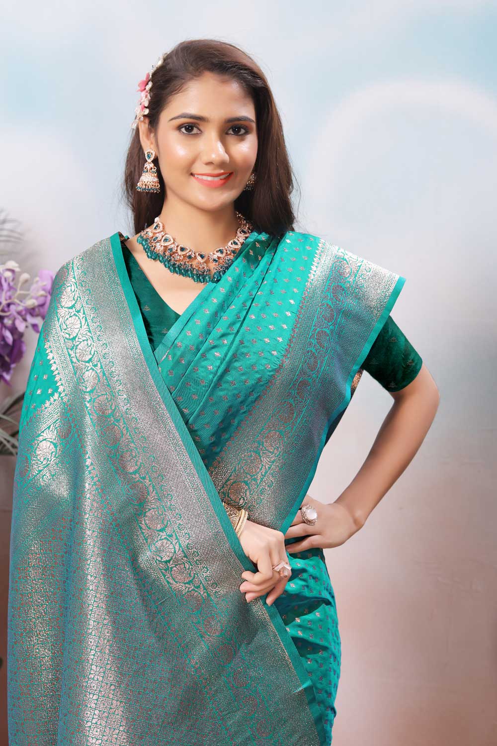 Engaging Sea Green Color Weaving Banarasi Jari Silk Saree | Buy Online India