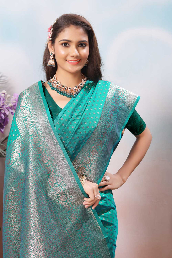 Engaging Sea Green Color Weaving Banarasi Jari Silk Saree | Buy Online India