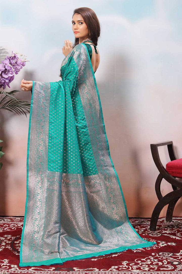 Engaging Sea Green Color Weaving Banarasi Jari Silk Saree | Buy Online India
