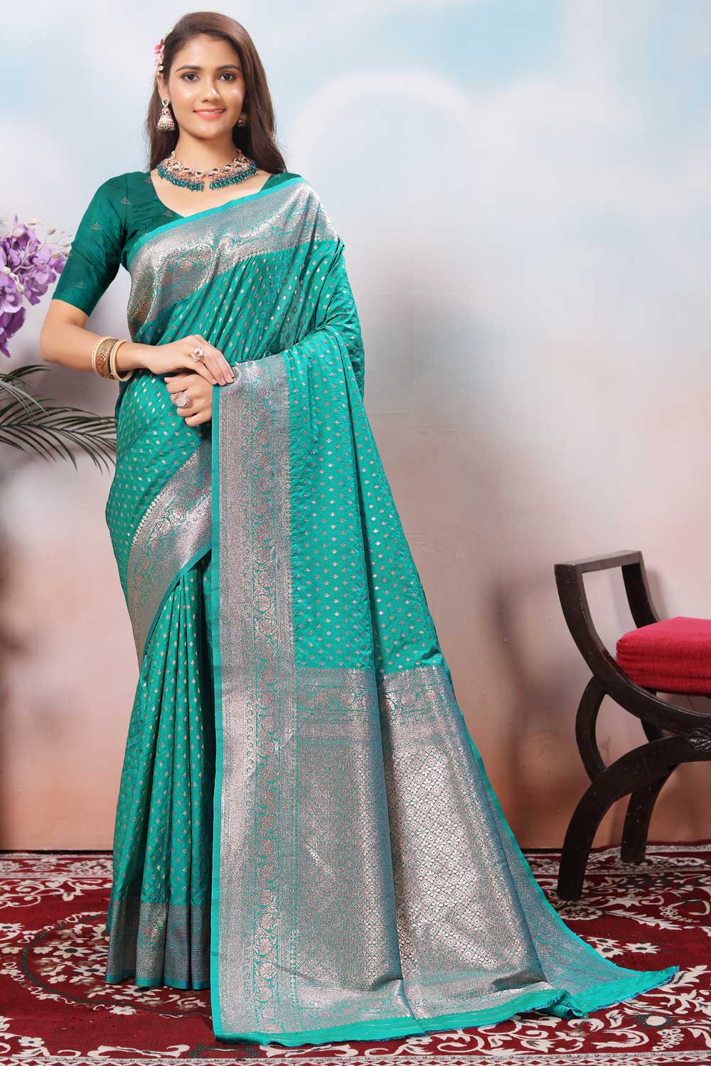 Engaging Sea Green Color Weaving Banarasi Jari Silk Saree | Buy Online India