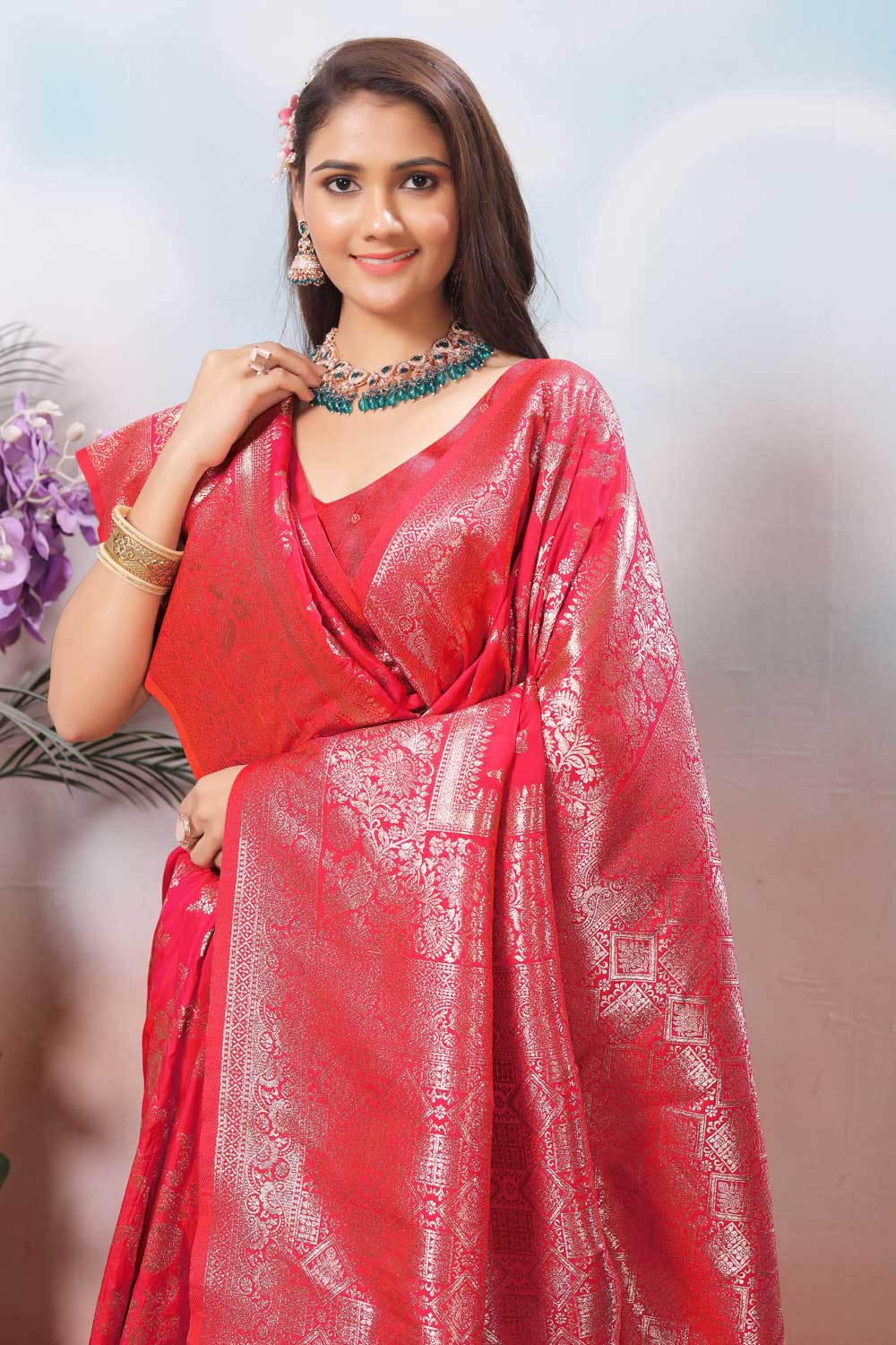 Art Silk Weaving Banarasi Jari Work Saree In Pink Color | Buy Online India