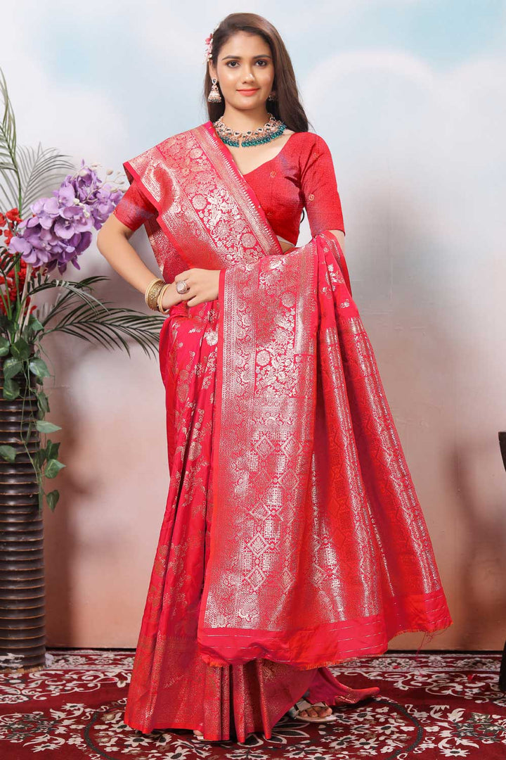 Art Silk Weaving Banarasi Jari Work Saree In Pink Color | Buy Online India