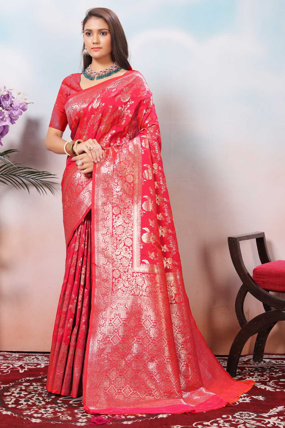 Art Silk Weaving Banarasi Jari Work Saree In Pink Color | Buy Online India