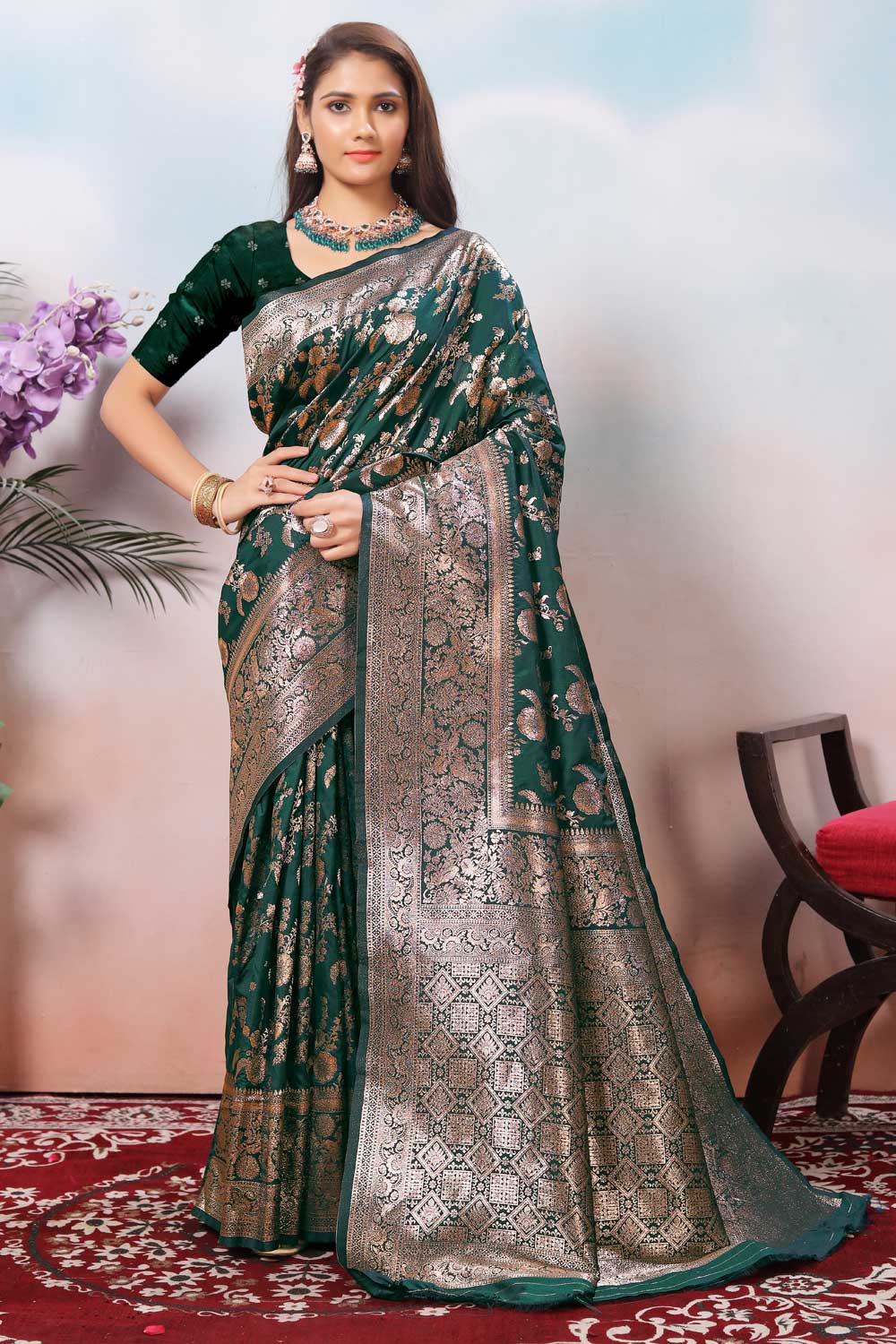 Art Silk Weaving Banarasi Jari Work Saree In Green Color | Buy Online India