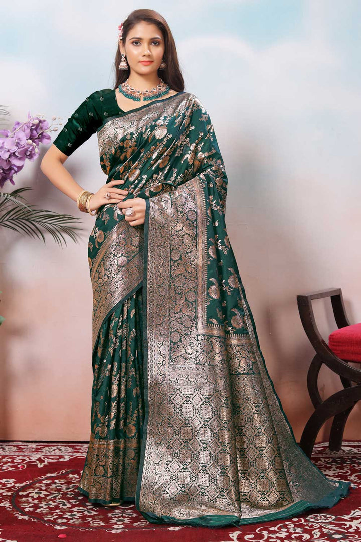 Art Silk Weaving Banarasi Jari Work Saree In Green Color | Buy Online India