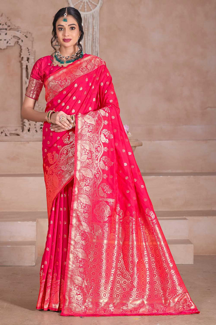 Heavy Art Silk Fabric Weaving Banarasi Jari Pink Color Saree | Buy Online India