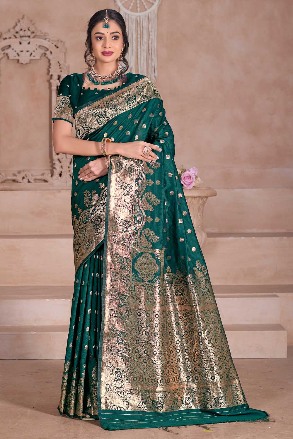 Trendy Art Silk Fabric Green Color Weaving Banarasi Jari Saree | Buy Online India