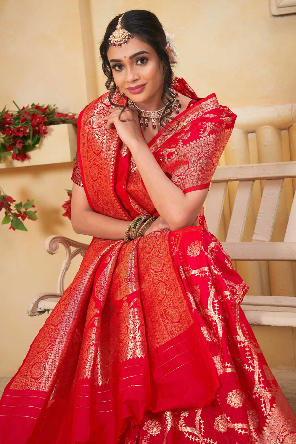 Art Silk Weaving Banarasi Jari Classic Red Saree | Buy Online India