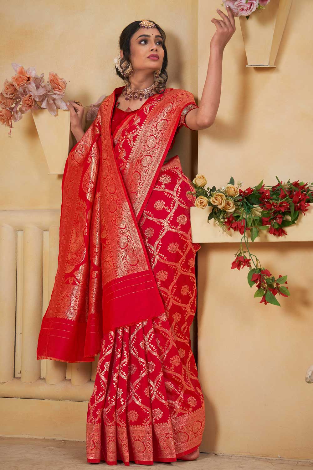 Art Silk Weaving Banarasi Jari Classic Red Saree | Buy Online India