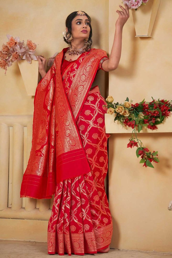 Art Silk Weaving Banarasi Jari Classic Red Saree | Buy Online India