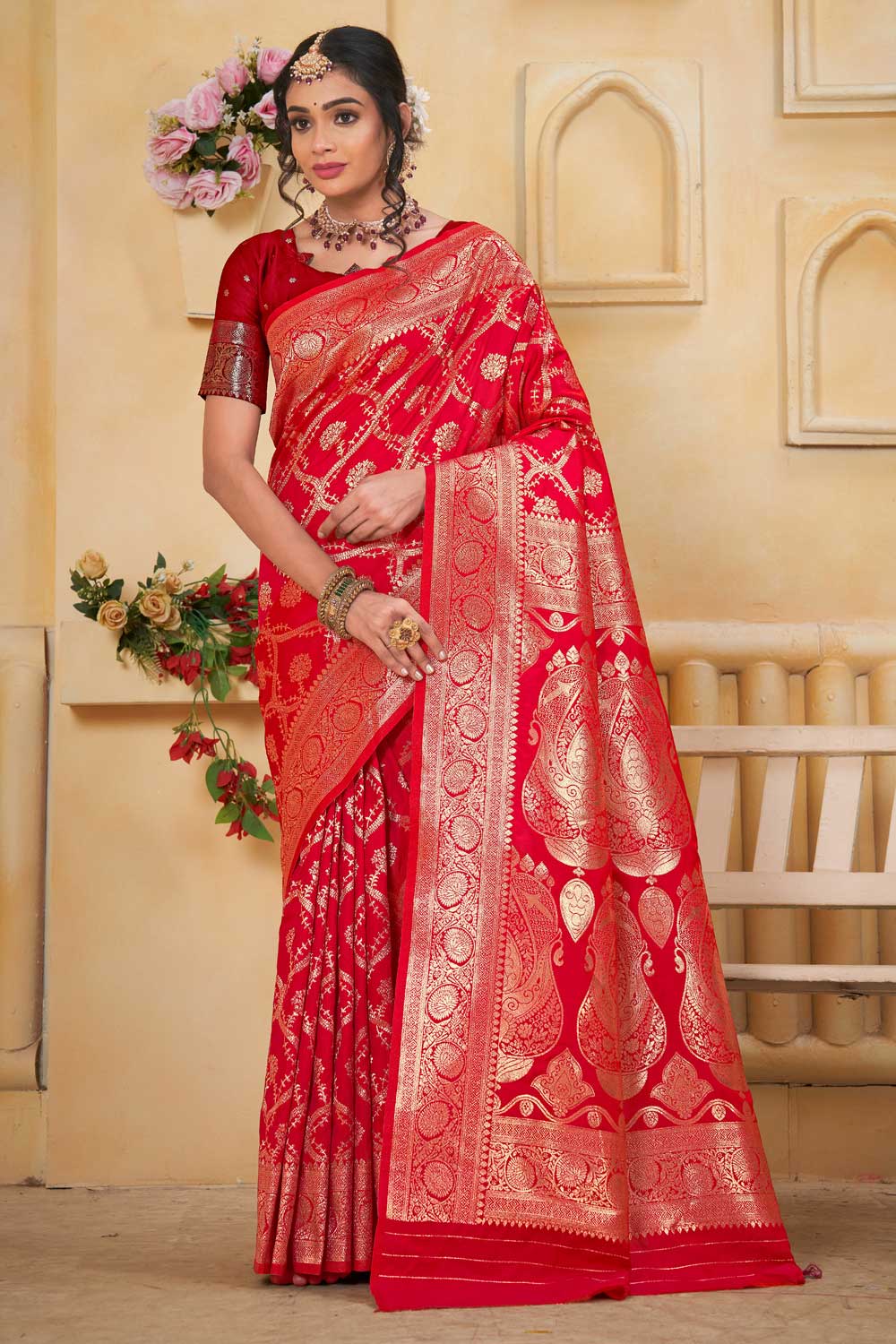 Art Silk Weaving Banarasi Jari Classic Red Saree | Buy Online India