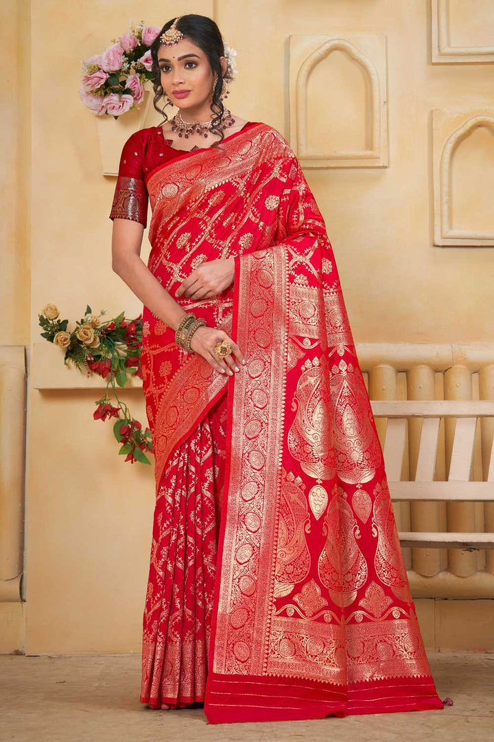 Art Silk Weaving Banarasi Jari Classic Red Saree | Buy Online India