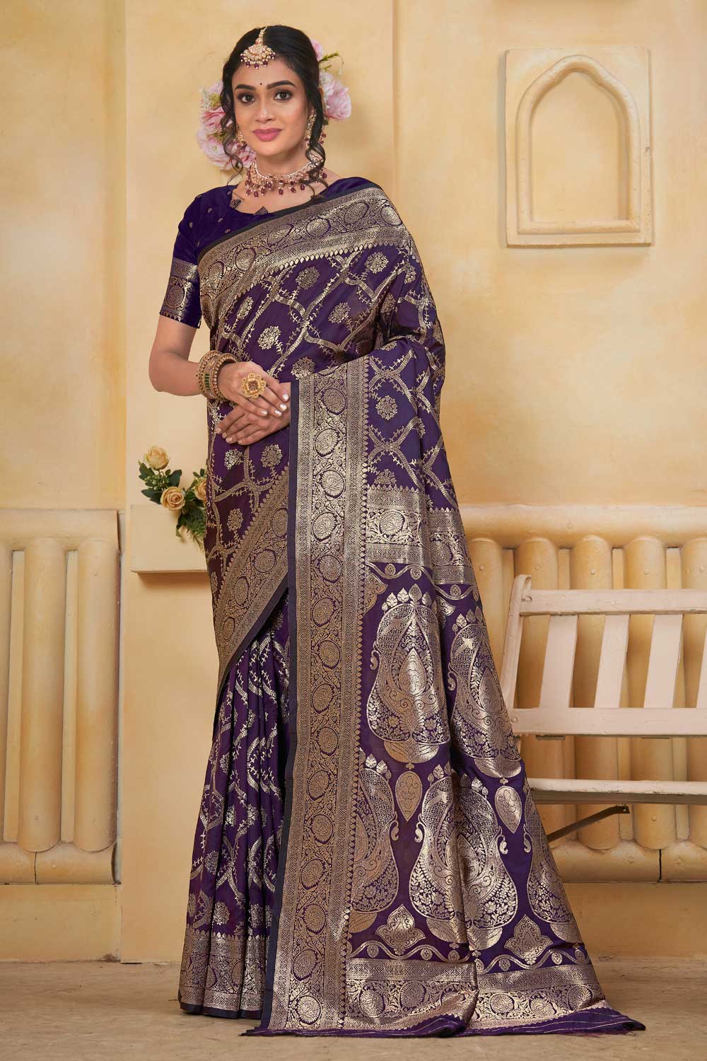 Art Silk Trendy Wine Color Weaving Banarasi Jari Saree | Buy Online India