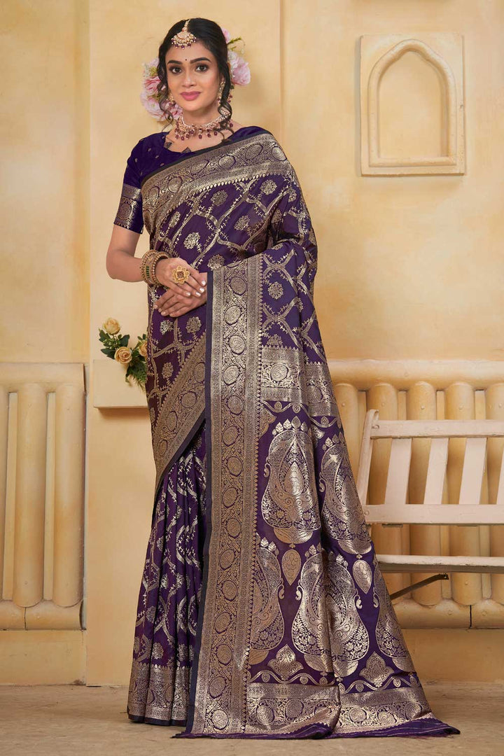 Art Silk Trendy Wine Color Weaving Banarasi Jari Saree | Buy Online India