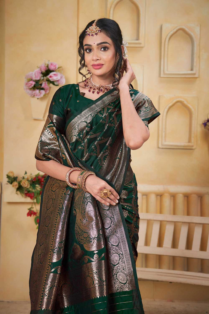 Weaving Banarasi Jari Art Silk Dark Green Casual Saree | Buy Online India