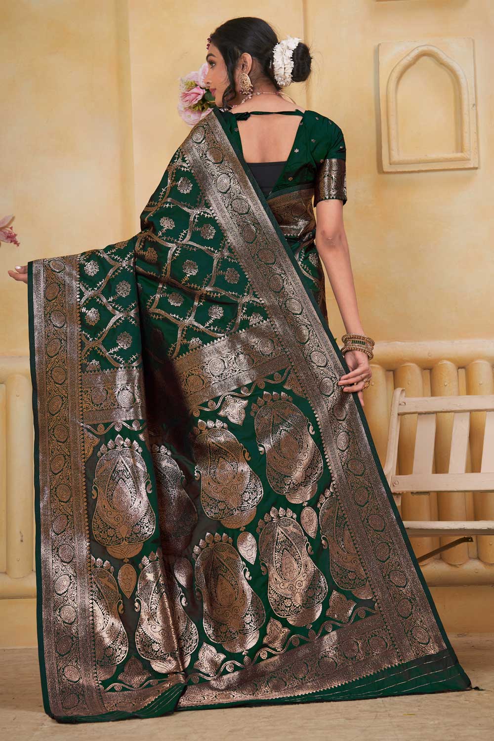 Weaving Banarasi Jari Art Silk Dark Green Casual Saree | Buy Online India