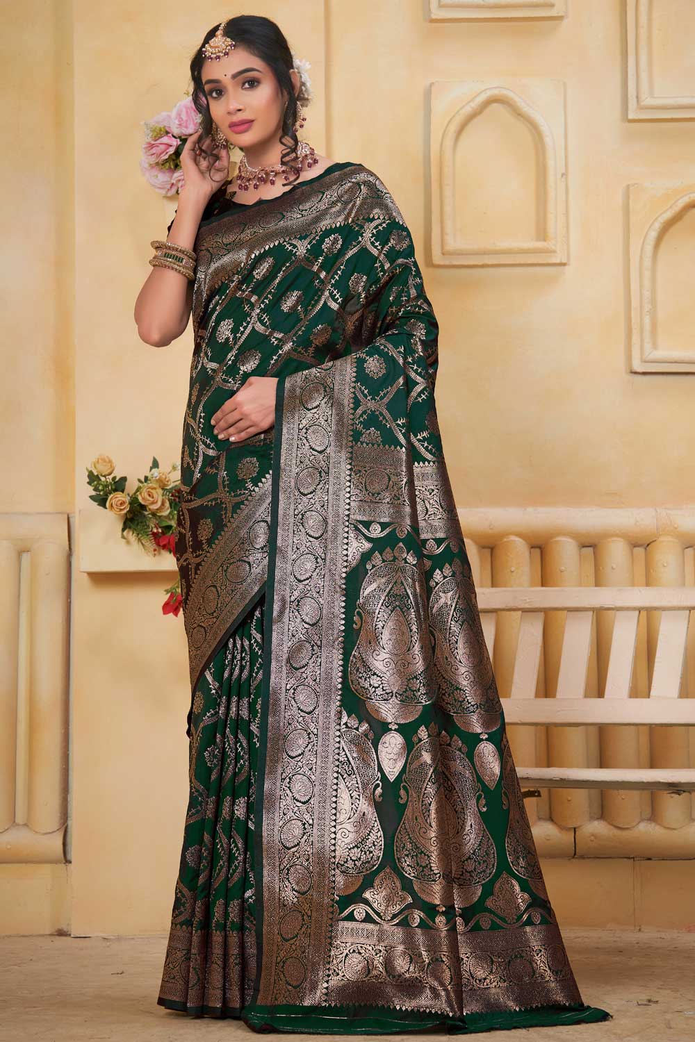 Weaving Banarasi Jari Art Silk Dark Green Casual Saree | Buy Online India