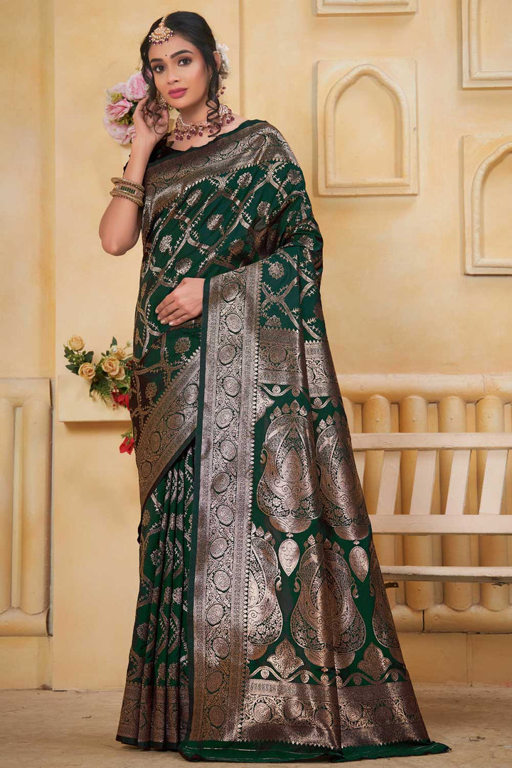 Weaving Banarasi Jari Art Silk Dark Green Casual Saree | Buy Online India