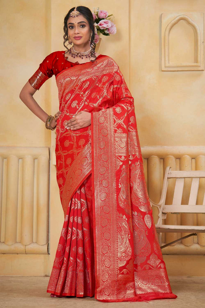 Orange Color Weaving Banarasi Jari Classic Art Silk Saree | Buy Online India