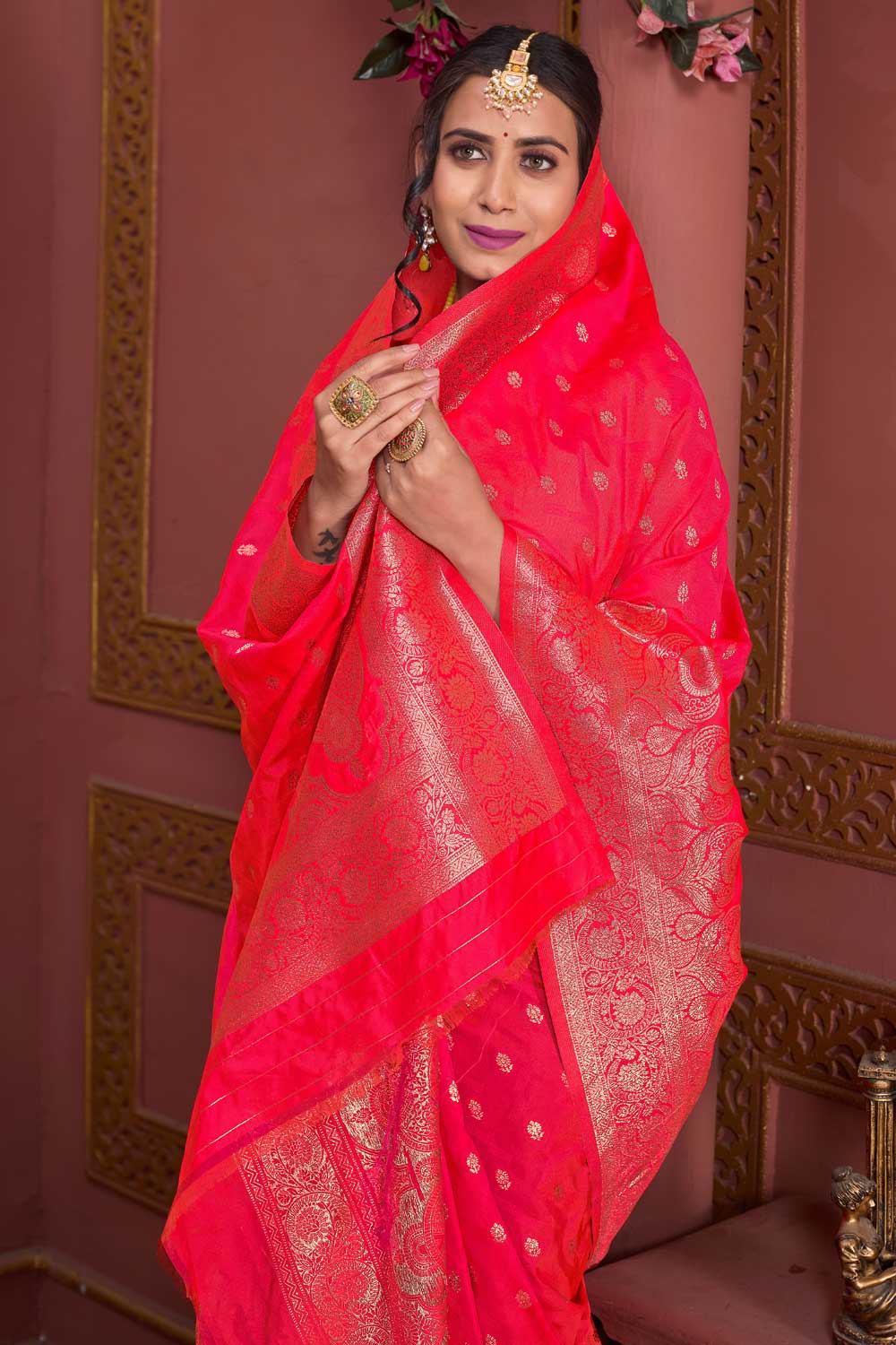 Attractive Pink Weaving Banarasi Jari Art Silk Saree | Buy Online India
