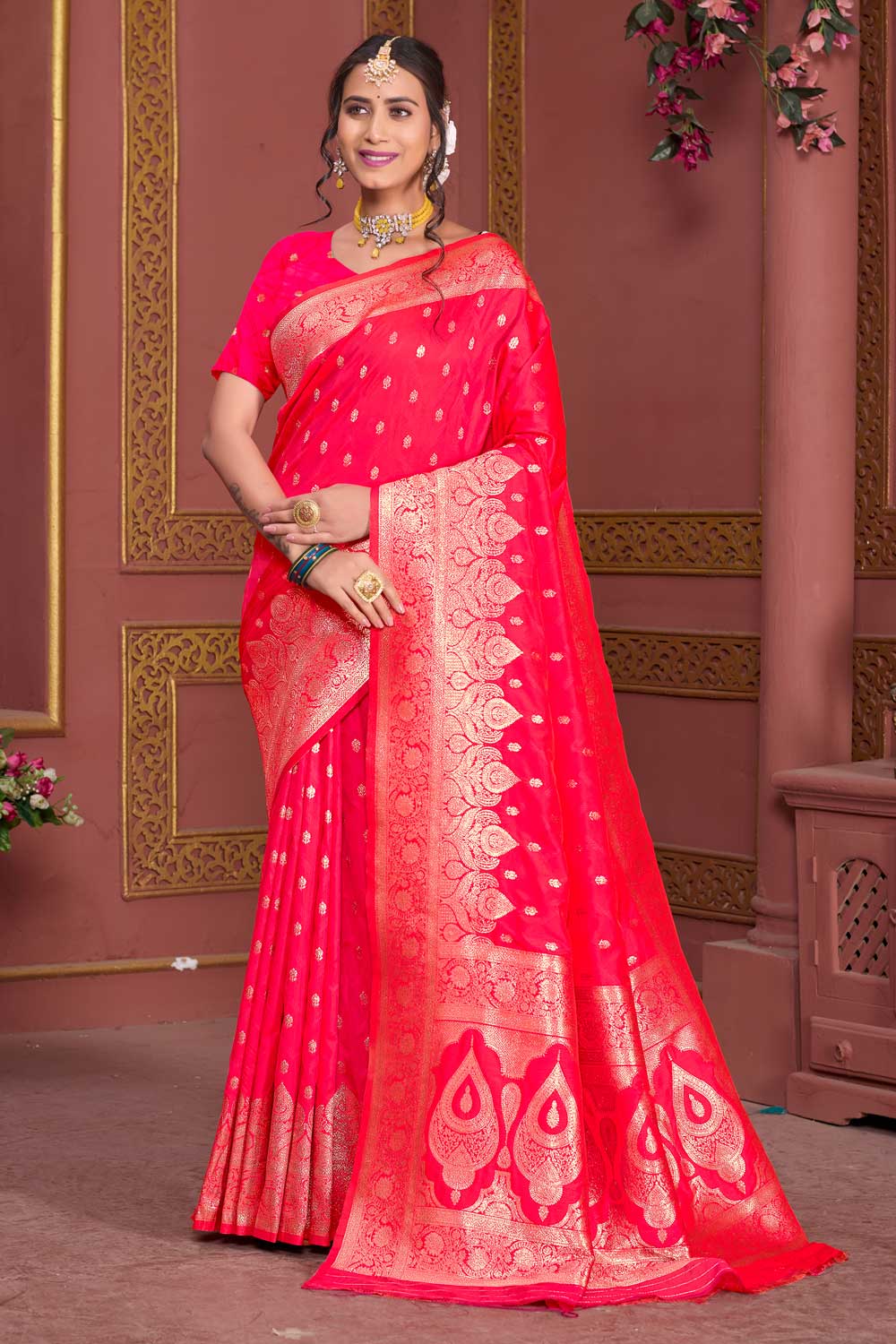 Attractive Pink Weaving Banarasi Jari Art Silk Saree | Buy Online India