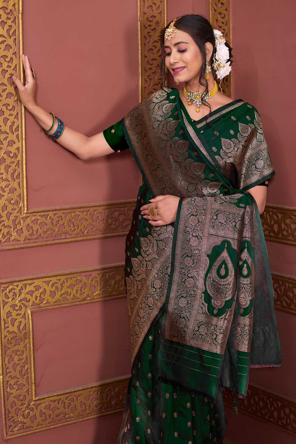 Radiant Dark Green Weaving Banarasi Jari Art Silk Saree | Buy Online India
