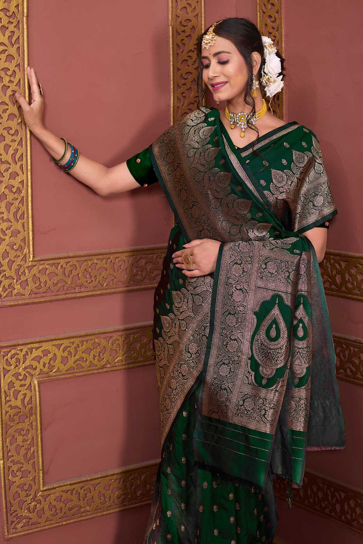 Radiant Dark Green Weaving Banarasi Jari Art Silk Saree | Buy Online India