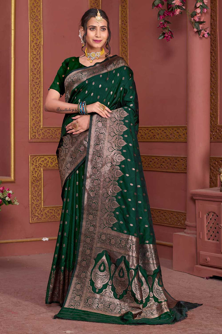 Radiant Dark Green Weaving Banarasi Jari Art Silk Saree | Buy Online India