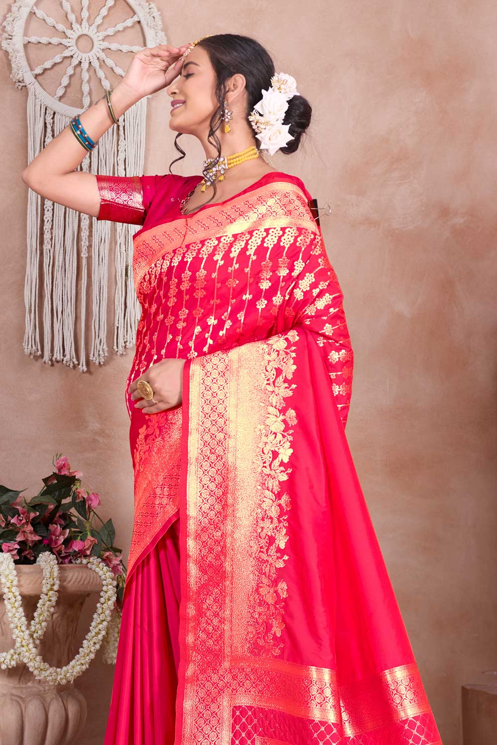 Art Silk Fabric Weaving Banarasi Jari Work Pink Saree | Buy Online India