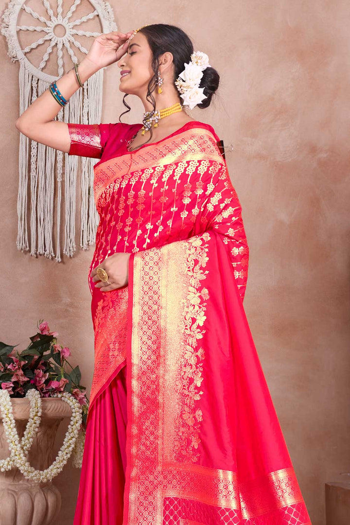 Art Silk Fabric Weaving Banarasi Jari Work Pink Saree | Buy Online India