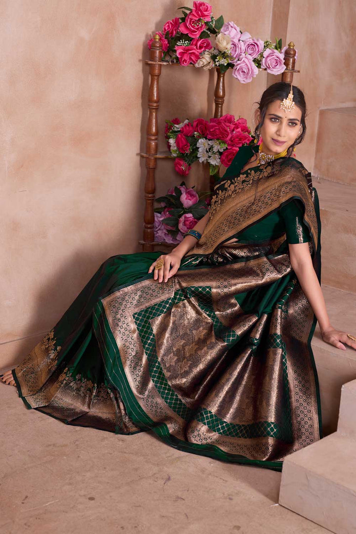 Art Silk Weaving Banarasi Jari Work Saree In Dark Green Color | Buy Online India