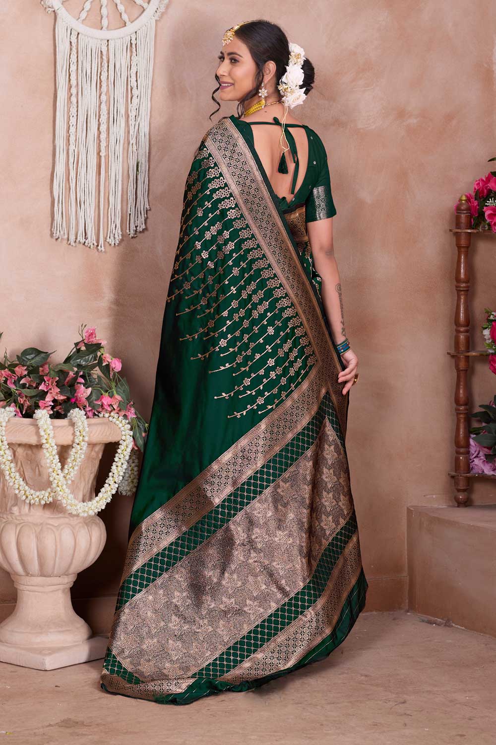 Art Silk Weaving Banarasi Jari Work Saree In Dark Green Color | Buy Online India