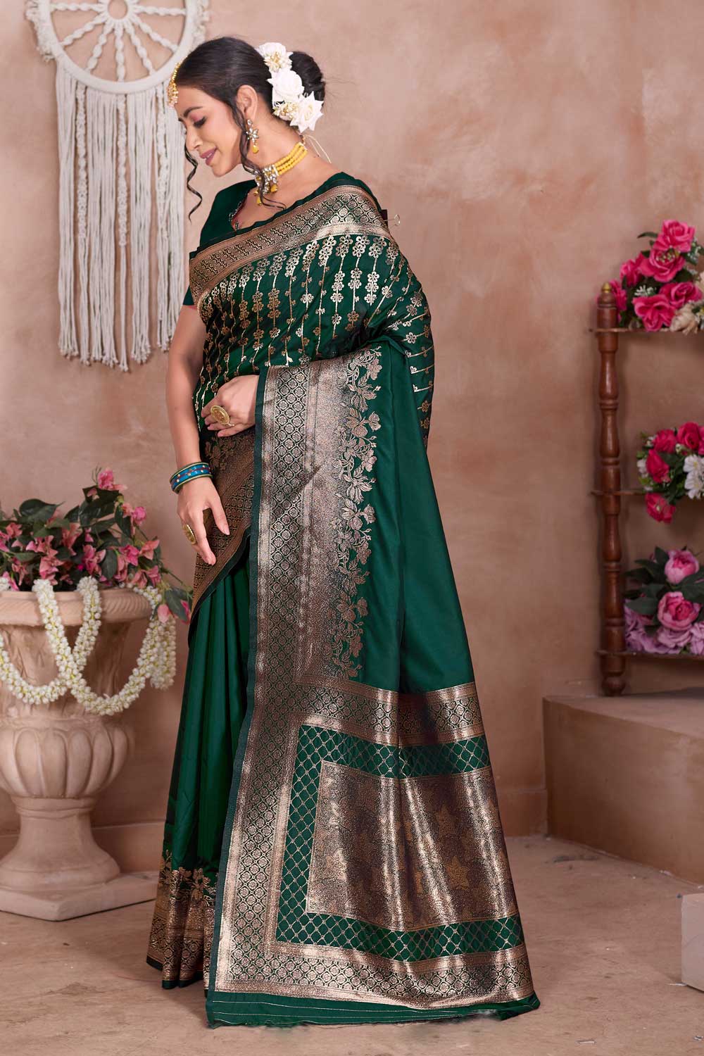 Art Silk Weaving Banarasi Jari Work Saree In Dark Green Color | Buy Online India