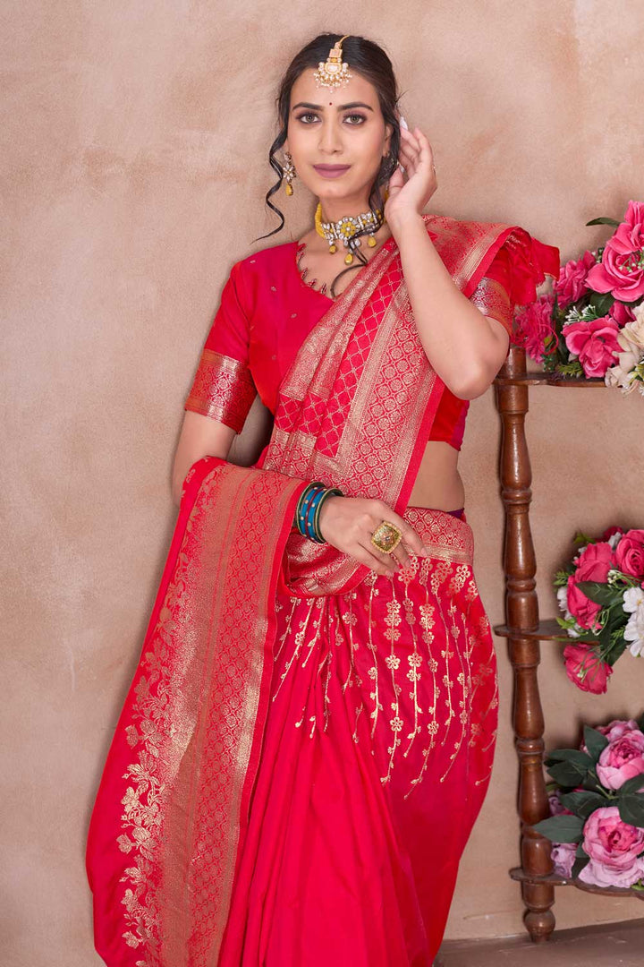 Red Art Silk Weaving Banarasi Jari Work Saree For Festive Wear | Buy Online India