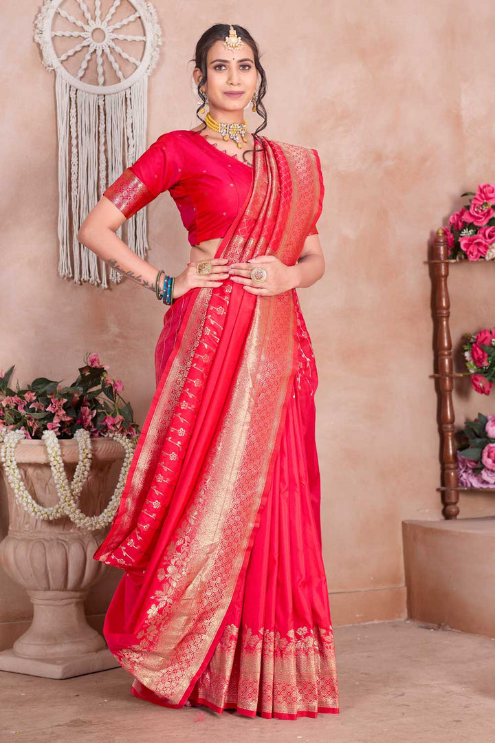 Red Art Silk Weaving Banarasi Jari Work Saree For Festive Wear | Buy Online India