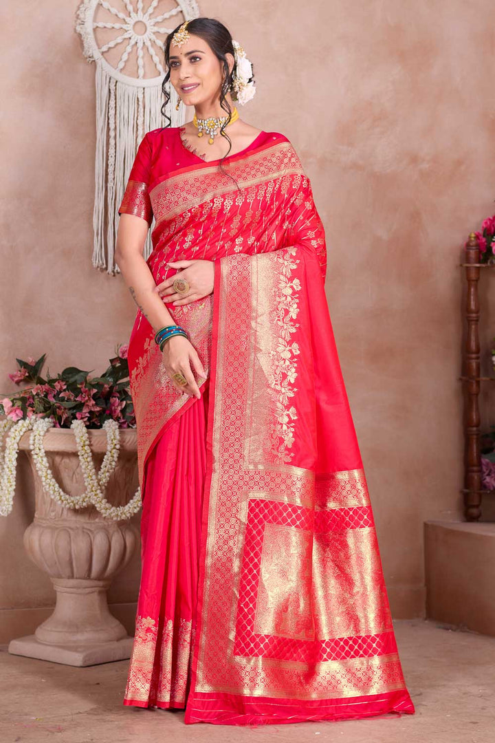 Red Art Silk Weaving Banarasi Jari Work Saree For Festive Wear | Buy Online India