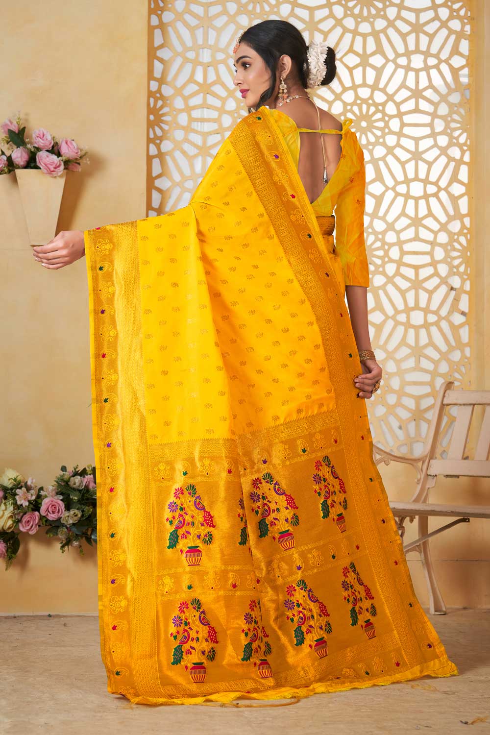 Simple Yellow Color Fancy Pallu and Border Work Paithani Silk Saree | Buy Online India