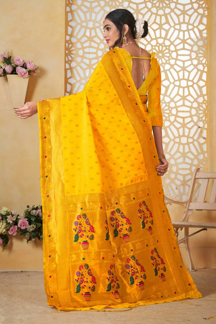 Simple Yellow Color Fancy Pallu and Border Work Paithani Silk Saree | Buy Online India