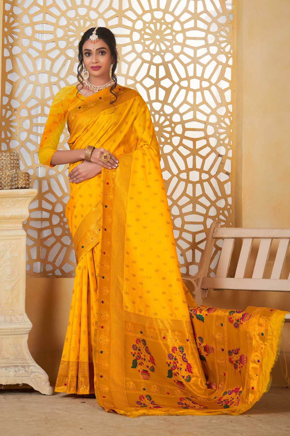 Simple Yellow Color Fancy Pallu and Border Work Paithani Silk Saree | Buy Online India