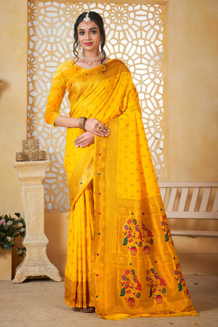 Simple Yellow Color Fancy Pallu and Border Work Paithani Silk Saree | Buy Online India