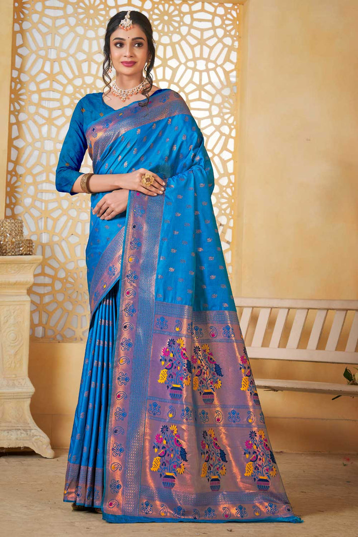 Phenomenal Fancy Pallu and Border Work Blue Color Paithani Silk Saree | Buy Online India