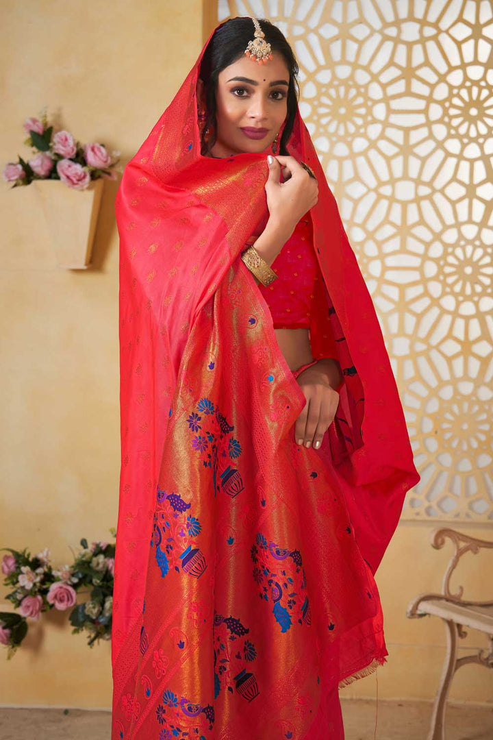 Glamorous Peach Color Fancy Pallu and Border Work Paithani Silk Saree | Buy Online India
